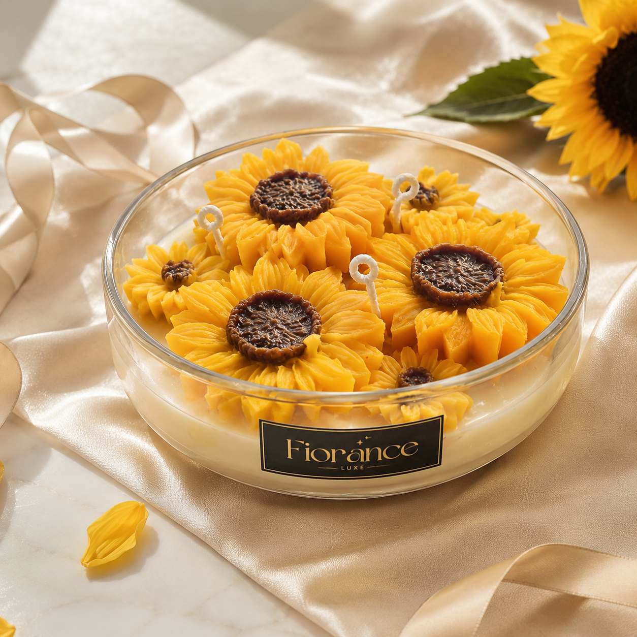 Sunflower-shaped candles in a glass bowl with 'Fiorance' label on a beige fabric background